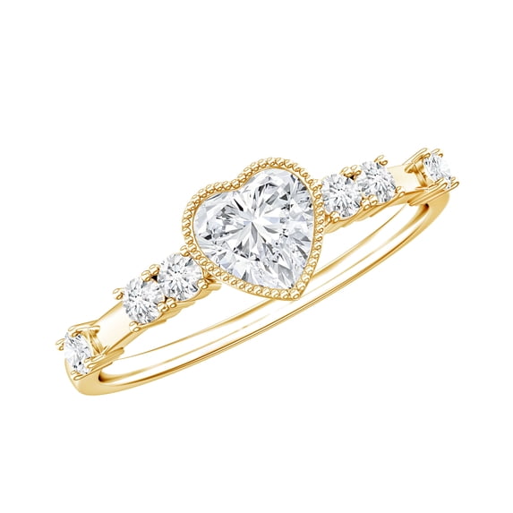 Rosec Jewels Certified Moissanite Heart Engagement Ring with Spaced Accent - Bezel Set Ring - 5 mm - D-VS1 Quality, 18K Yellow Gold, US 8.50