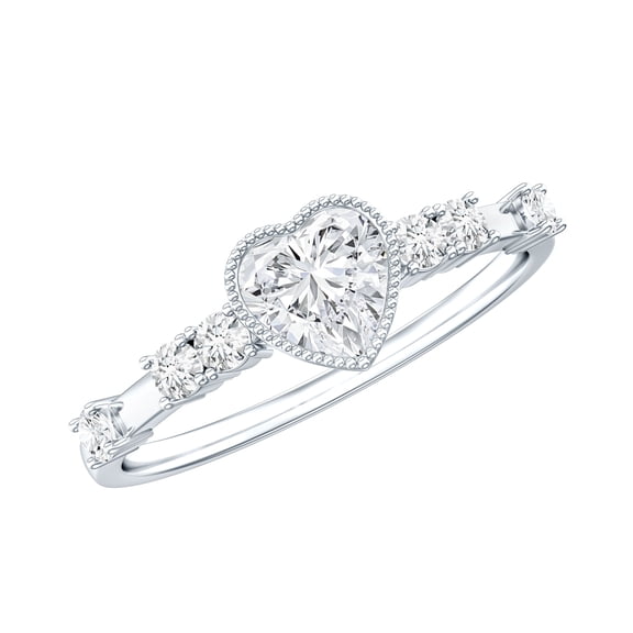 Rosec Jewels Certified Moissanite Heart Engagement Ring with Spaced Accent - Bezel Set Ring - 5 mm - D-VS1 Quality, 925 Sterling Silver, US 4.00