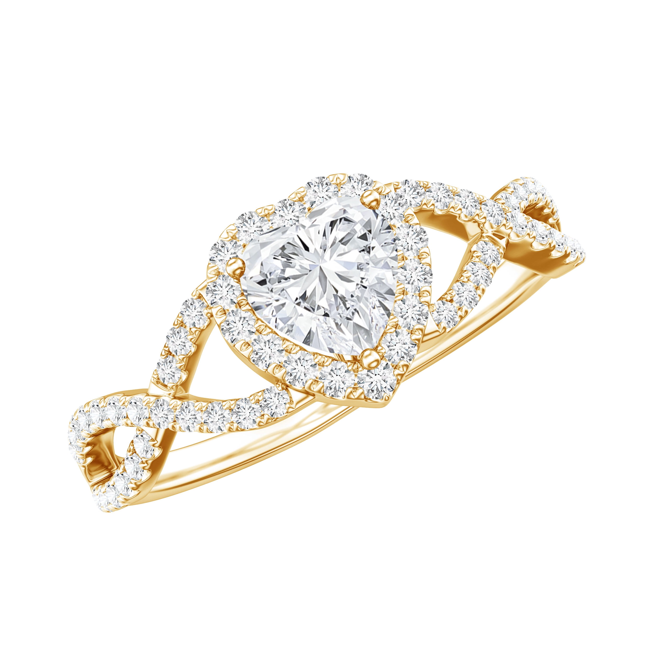 Rosec Jewels Moissanite Heart Engagement Ring for Women - 1/2 Carat - Moissanite Halo Crossover Ring - D-VS1 Grade, 10K Yellow Gold, US 8.00