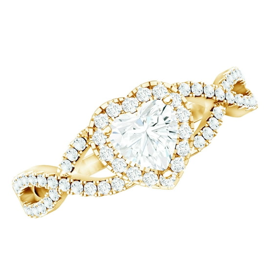 Rosec Jewels Moissanite Heart Engagement Ring for Women - 1/2 Carat - Moissanite Halo Crossover Ring - D-VS1 Grade, 14K Yellow Gold, US 12.50