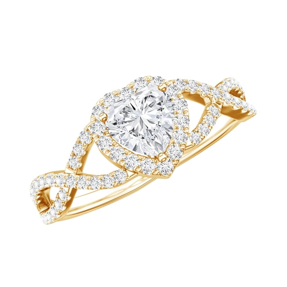 Rosec Jewels Moissanite Heart Engagement Ring for Women - 1/2 Carat - Moissanite Halo Crossover Ring - D-VS1 Grade, 18K Yellow Gold, US 6.50