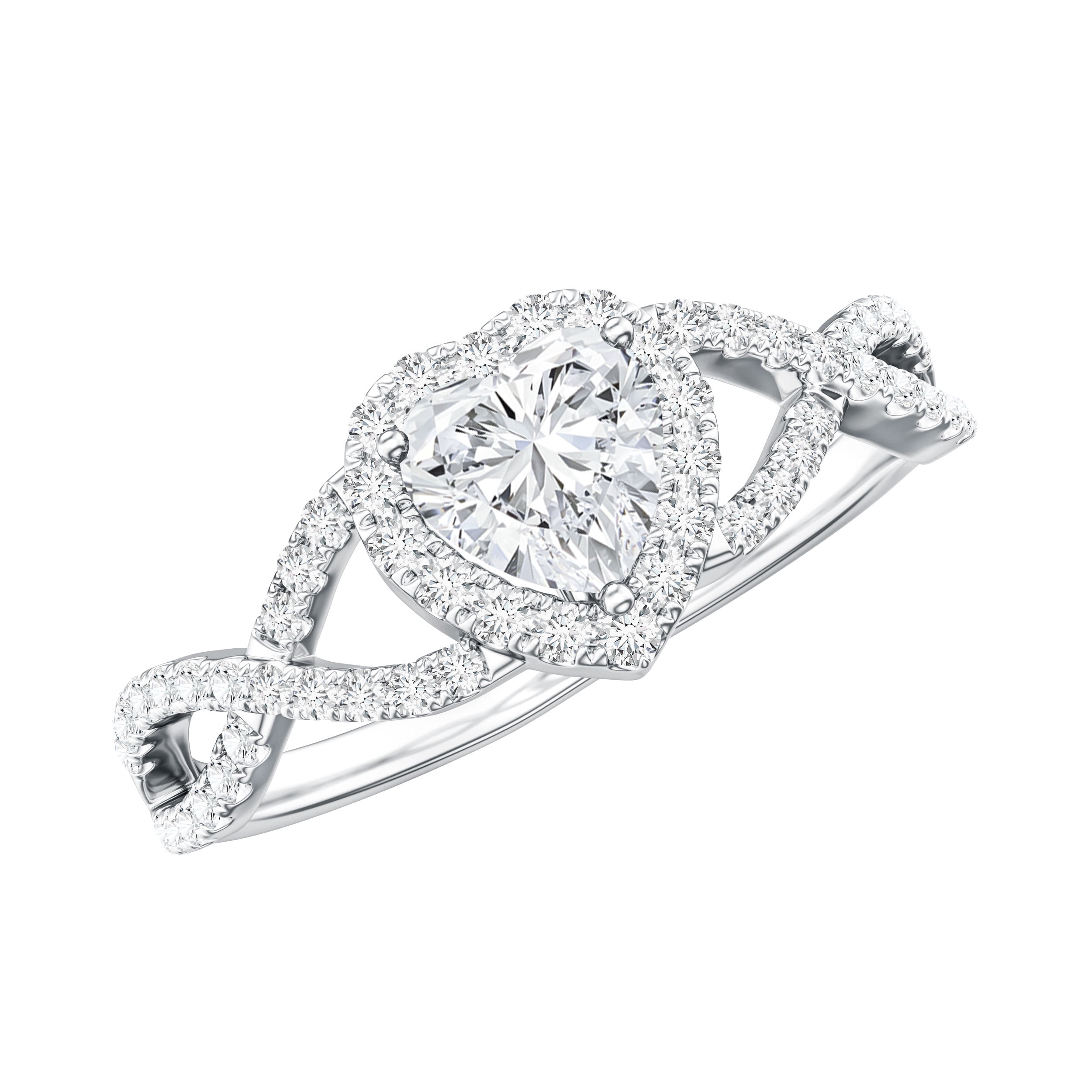 Rosec Jewels Moissanite Heart Engagement Ring for Women - 1/2 Carat - Moissanite Halo Crossover Ring - D-VS1 Grade, 925 Sterling Silver, US 5.50