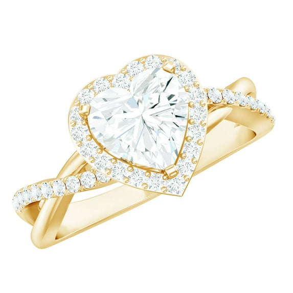 Rosec Jewels Moissanite Heart Engagement Ring with Halo - Crossover Ring (7 mm, 1 Carat, D-VS1 Quality Certified), 18K Yellow Gold, US 10.50