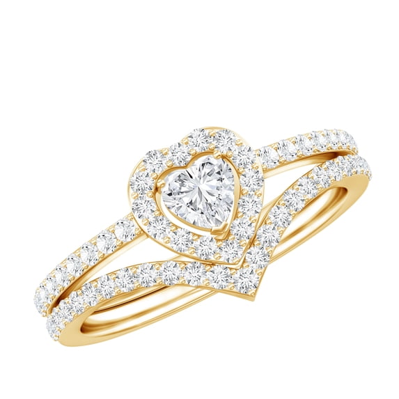 Rosec Jewels Moissanite Heart Shaped Wedding Ring Set - Halo Engagement Ring with Enhancer - D-VS1 Quality Certified, 10K Yellow Gold, US 5.50