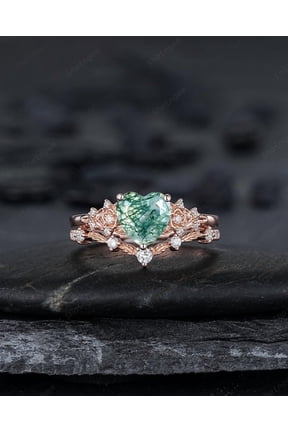 Heart Shape Moss Agate Floral Engagement Ring: Rose Gold Vine Leaf Wedding Set, Nature Inspired Flower Promise Ring, 24K Gold Plated Silver
