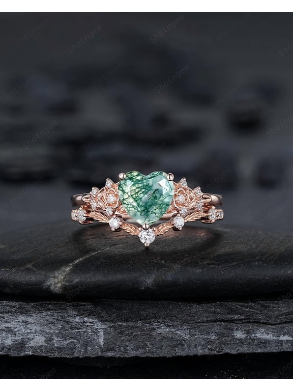 Heart Shape Moss Agate Floral Engagement Ring: Rose Gold Vine Leaf Wedding Set, Nature Inspired Flower Promise Ring, 24K Gold Plated Silver