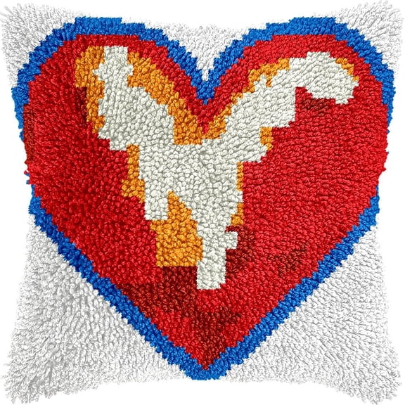 Heart Shape Pattern Latch Hook Kits Pillow DIY Pillowcase Crochet Hook Cushion Making Kits with Preprinted Pattern Canvas Instruction Yarns Pillow Cover Easy Starter DIY Crochet Kits 43x43cmf303)
