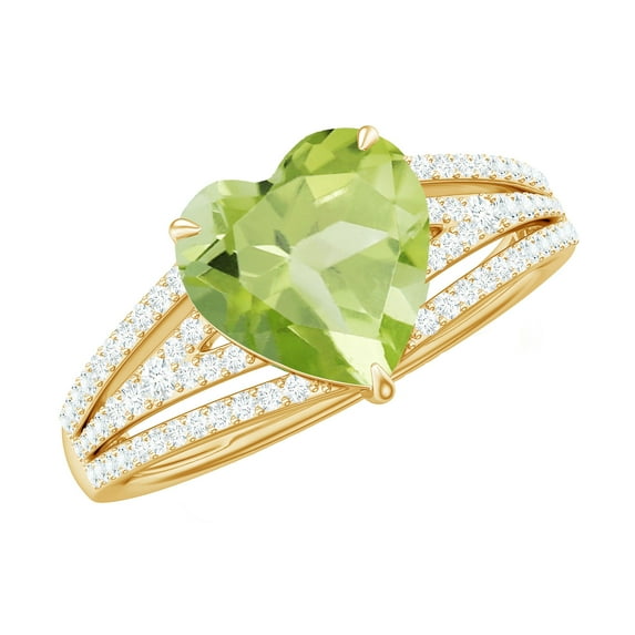 Rosec Jewels Heart Shape Peridot Solitaire Ring with Diamond for Women (8 mm) - Split Shank Ring, 10K Yellow Gold, US 3.50