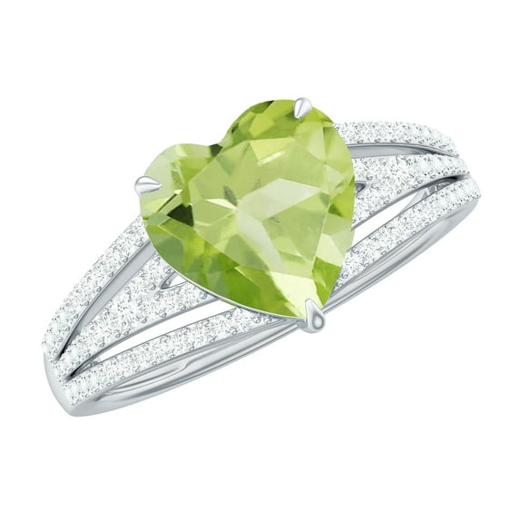 Rosec Jewels Heart Shape Peridot Solitaire Ring with Diamond for Women (8 mm) - Split Shank Ring, 14K White Gold, US 8.00