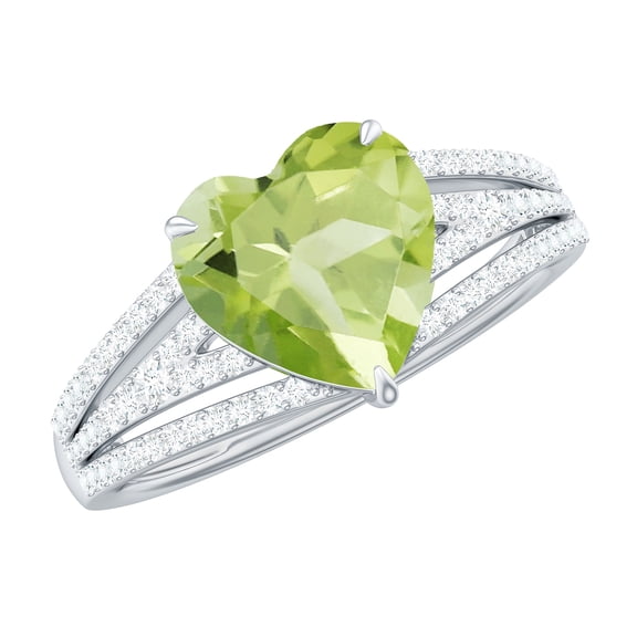 Heart Shape Peridot Solitaire Ring with Diamond for Women (2 Carat) - Split Shank Ring, 925 Sterling Silver, US 4.00