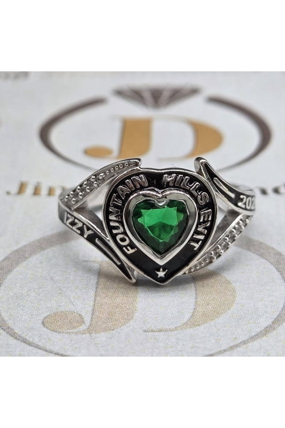 Heart Shape Personalized Womens Class Ring 2025 | College Style CZ Heart Birthstone | 925 Sterling Silver Custom Graduation Gift | Seniors Farewell Gift