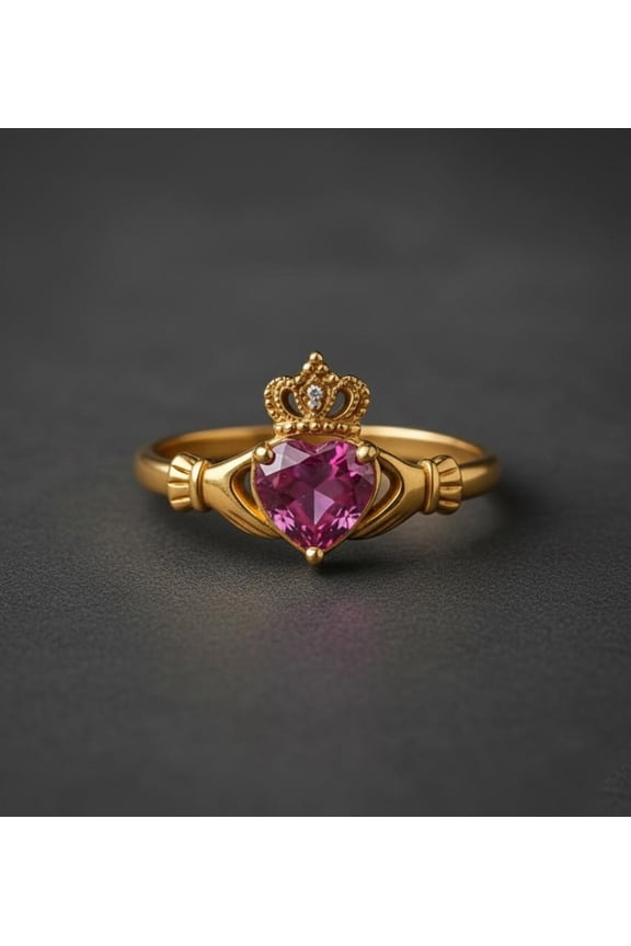 Heart Shape Pink Sapphire & Diamond Ring, Claddagh Two Stone Engagement Ring, Irish Crown Heart Anniversary Ring, Celtic Knot Ring, September Birthstone Ring, Delicate Promise Ring .