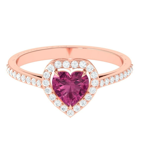Rosec Jewels Real Pink Tourmaline Heart Shaped Engagement Ring with Halo - Pink Tourmaline Diamond Ring (6 mm, AAA Quality), 14K Rose Gold, US 10.00