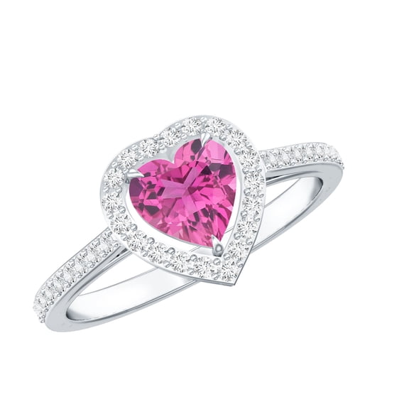 Rosec Jewels Real Pink Tourmaline Heart Shaped Engagement Ring with Halo - Pink Tourmaline Diamond Ring (0.9 Carat, AAA Quality), 925 Sterling Silver, US 4.00