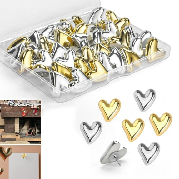 Heart Shape Push Pins,Set of 24 Portable Cute Decorative Tacks for Poster,QZS Gold+Silver Heart Shape Pins for Board,Wall,Home,Office