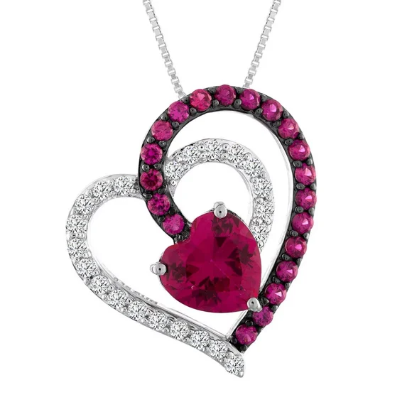 Heart Shape Ruby & Diamond 925 Sterling Silver Pendant Necklace – 18" Chain