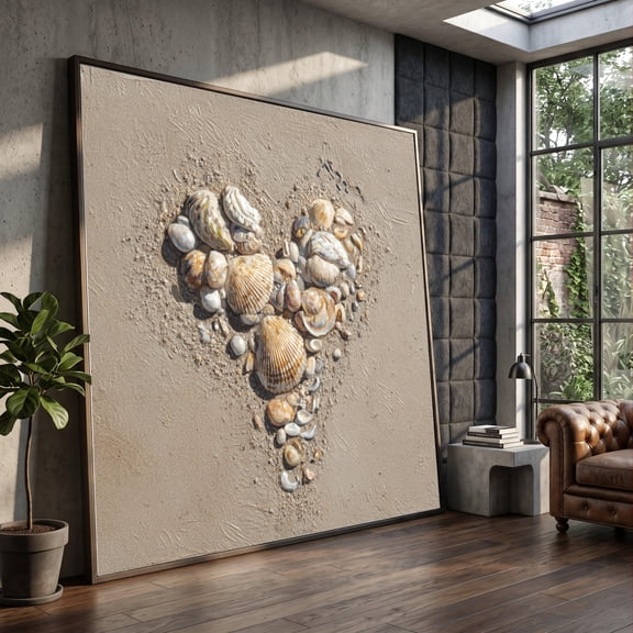Heart Shape Seashells Art Beach Sand Wall Art Coastal Home Decor Nautical Shell Collection Seaside Nature Art
