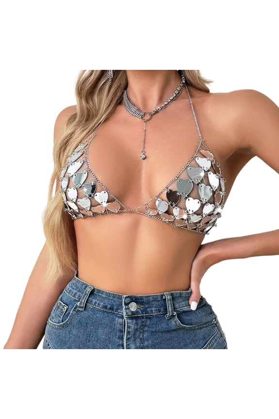 Heart Shape Sequins Bras Hollow Out Sparkly Camisole Body Chain Jewelry Festival Club Party Bikini Crop Top for Womens