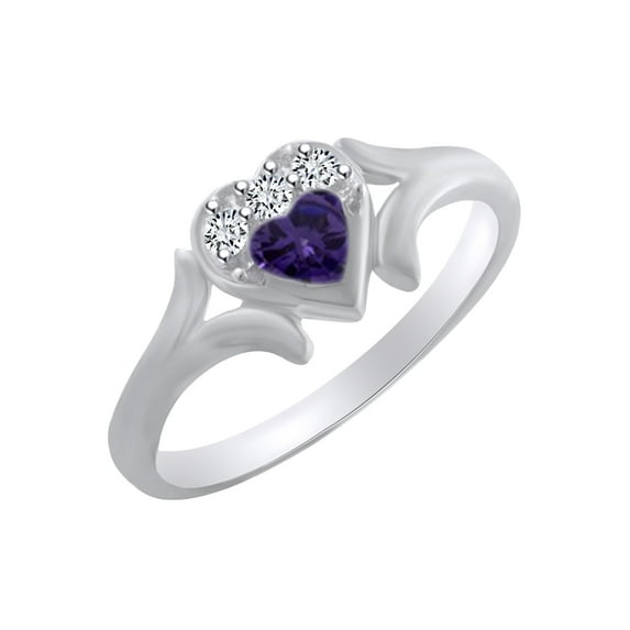 AFFY Heart Shape Simulated Alexandrite & White Cubic Zirconia Heart Promise Ring In 14k White Gold Over Sterling Silver Ring Size-11.5