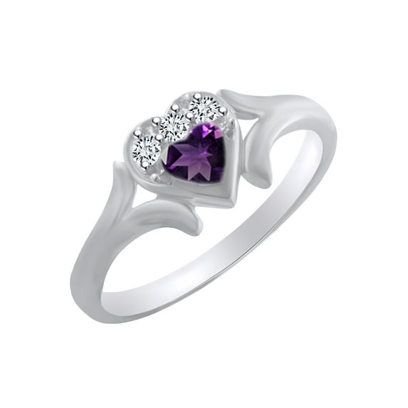 AFFY Heart Shape Simulated Amethyst & White Cubic Zirconia Heart Promise Ring In 14k White Gold Over Sterling Silver Ring Size-13.5