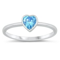 Heart-Shape Simulated Aquamarine CZ Solitaire Ring Sterling Silver Size 6