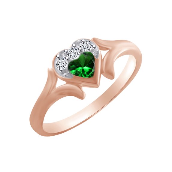 AFFY Heart Shape Simulated Emerald & White Cubic Zirconia Heart Promise Ring In 14k Rose Gold Over Sterling Silver Ring Size-13