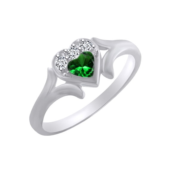 AFFY Heart Shape Simulated Emerald & White Cubic Zirconia Heart Promise Ring In 14k White Gold Over Sterling Silver Ring Size-9.5