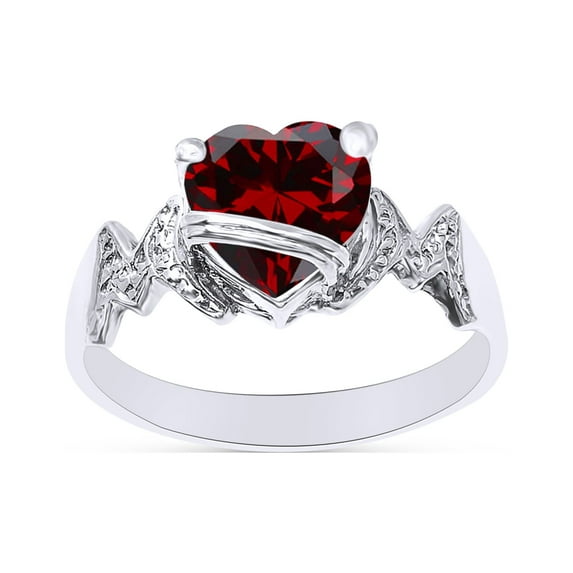Heart Shape Simulated Garnet In 14K White Gold Over 925 Sterling Silver Ring Size 5.5