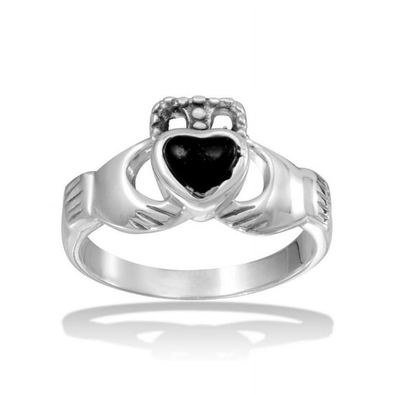 Heart-Shape Simulated Onyx Claddagh Ring High Polished Sterling Silver 8