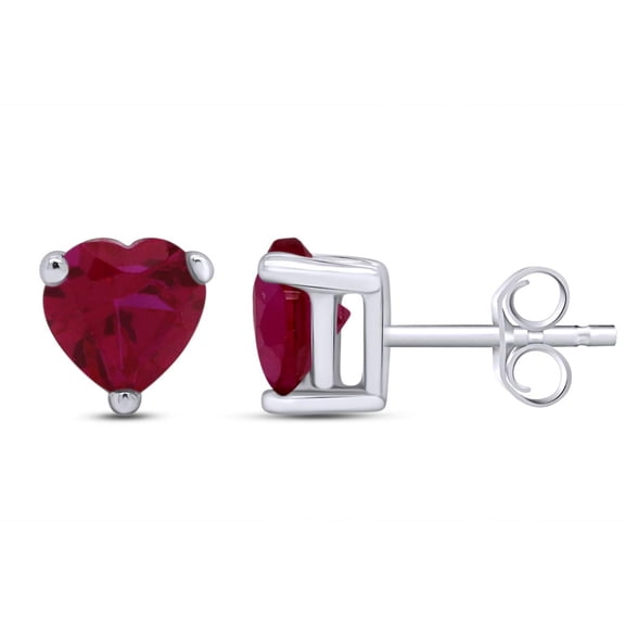 Heart Shape Simulated Pink Ruby Stud Earrings In 14K White Gold Over Sterling Silver
