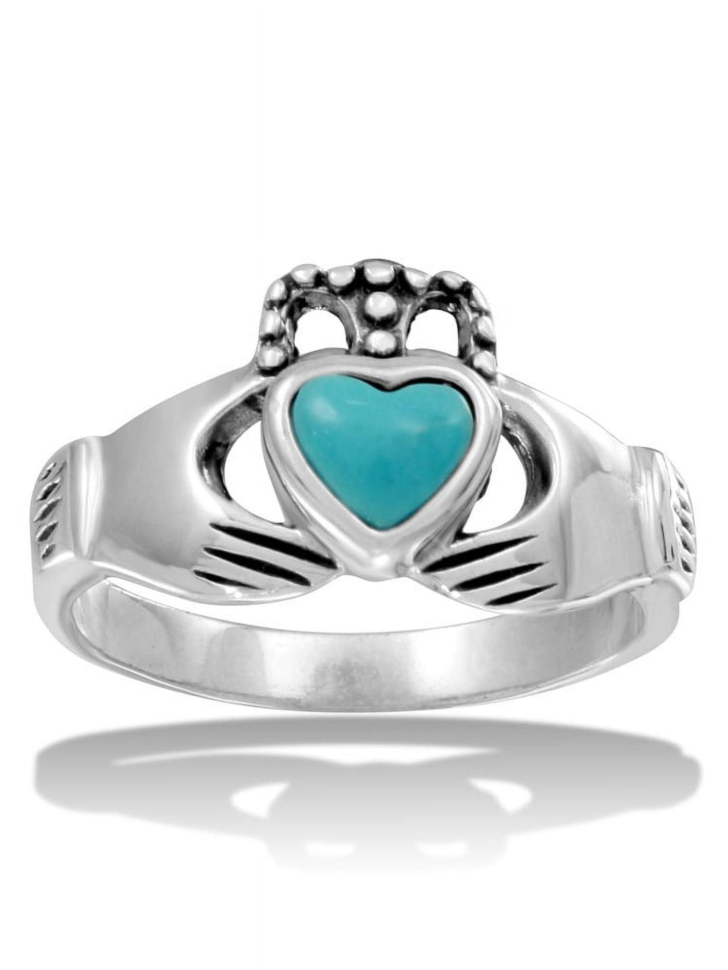 Heart Shape Simulated Turquoise Claddagh Ring High Polished Sterling Silver 5
