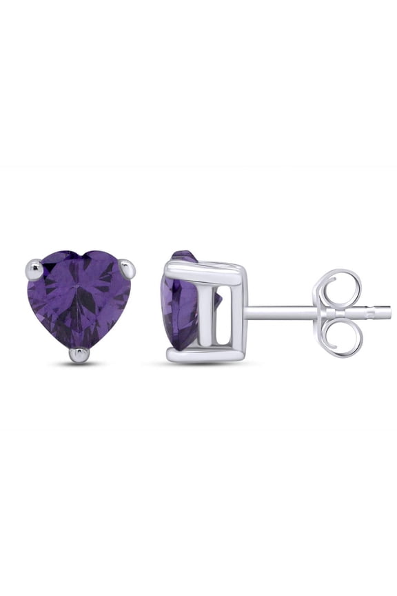 Heart Shape Simulated Violet Amethyst Stud Earrings In 14K White Gold Over Sterling Silver