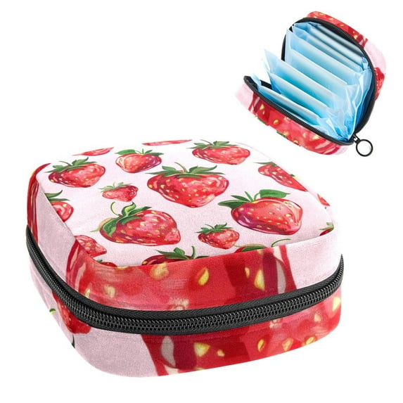 Heart Shape Strawberry with Green Leaves Sanitary Napkin Storage Bag, Zipper Menstrual Cup Pouch Feminine Menstruation First Period Pads Holder for Girls Women Ladies