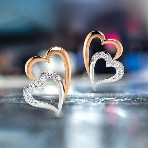 Heart Shape Stud Earring Cute Two Tone 925 Silver Women Cubic Zircon Jewelry