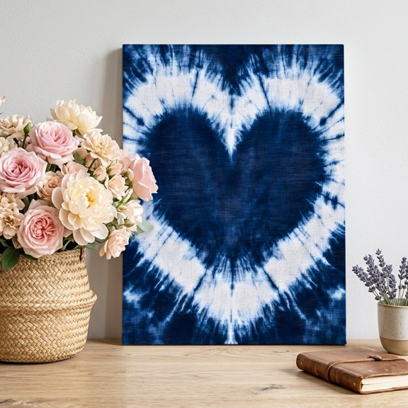 Heart Shape Tie-dye Canvas Wall Art, Blue Watercolor Retro Ethnic Style Framed Canvas Wall Decor Picture Print Artwork Decorations for Living Room Office Ready to Hang 32" x 24"