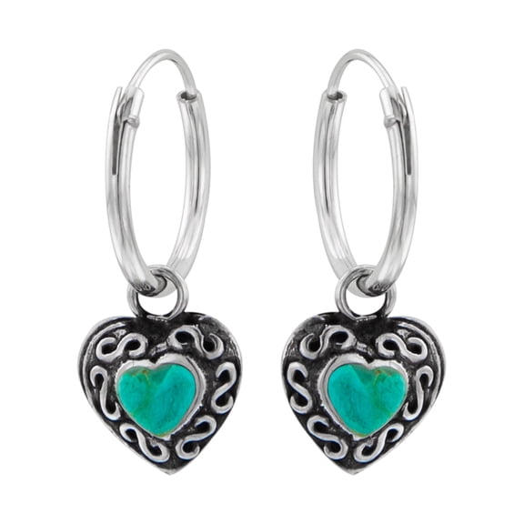 Heart Shape Turquoise Charm 925 Sterling Silver Hoop Earrings
