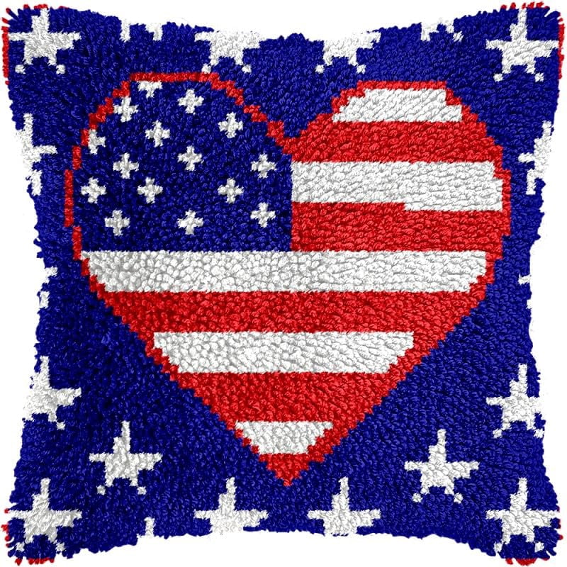 Heart Shape of USA Flag Latch Hook Pillow Kits Pillow Cover with Pattern Printed Canvas Sofa Hooking Pillowcase Cushion Crafts Embroidery Latch Hooking Crochet Starter Kits 17x17 inch(1)