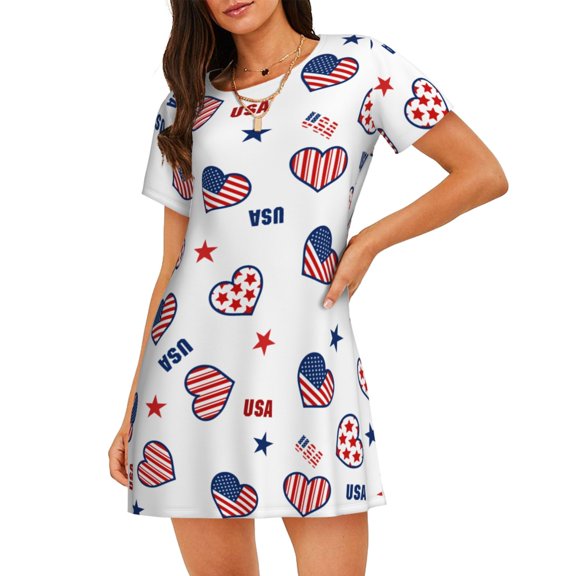 Heart Shape Usa America Flag And Stars Women'S Nightgown Sleepwear Short Sleeves Nightshirt Loose Comfy Pajama Xx-Large