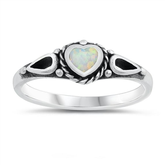 Heart Shape White Simulated Opal Antique Design Ring Sterling Silver Size 9