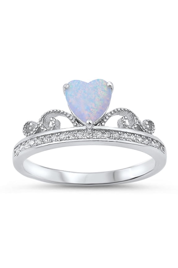 Heart Shape White Simulated Opal With Clear Cubic Zirconia Crown Ring Sterling Silver
