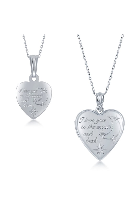 Heart-Shaped 16+2" Locket and 14+2" Pendant Necklace Two Piece Sterling Silver Set for Mother, Daughter, Grandmother, Granddaughter, Women or Teens-I love you to the Moon and Back