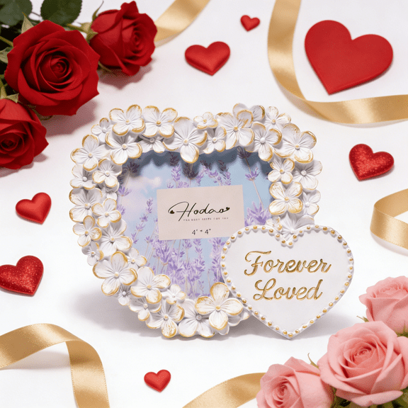 Hodao 4x4 Inch Heart-Shaped Floral Resin Photo Frame – Elegant Indoor Home Decor, Romantic Valentine’s Day Gift for Couples, Bedroom & Tabletop Display