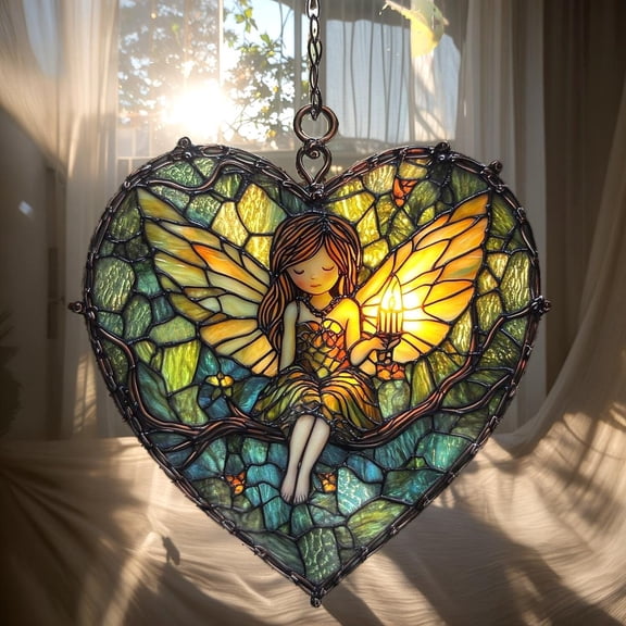 Heart Shaped ACRYLIC Fairy Faux Stained Glass Suncatcher, Whimsical Window Hanging, Fantasy Light Decor Gift for Her