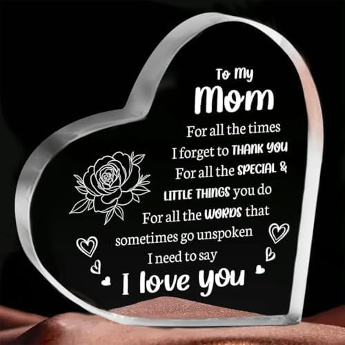 Heart Shaped Acrylic Block 4 x 4 inches, Flower & Letter Pattern Decorative Ornament, Room Decor Inspirational Creative Gift for Mom