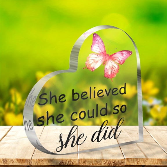 Heart Shaped Acrylic Decorative Ornament 3.9X3.9 Inch She Believes She Can Do It Quote Congratulations Gift Farewell Graduation New Job Gift for Her Office Desktop Decorative Plaque