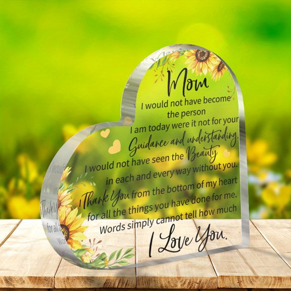 Heart Shaped Acrylic Decorative Plaque 3.9X3.9 Inch Sunflower Design Modern Mother in Law Dad Gift Home Decor No Electricity Needed Durable Acrylic Tabletop Ornament for Birthdays Anniversaries