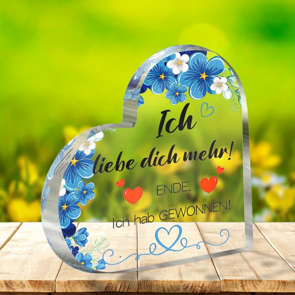 Heart Shaped Acrylic Decorative Sign 3.9X3.9 Inch Ich liebe dich noch mehr Quote Blue Floral Design Modern Tabletop Decor for Anniversary Couple Friend Gifts Romantic Home Decor