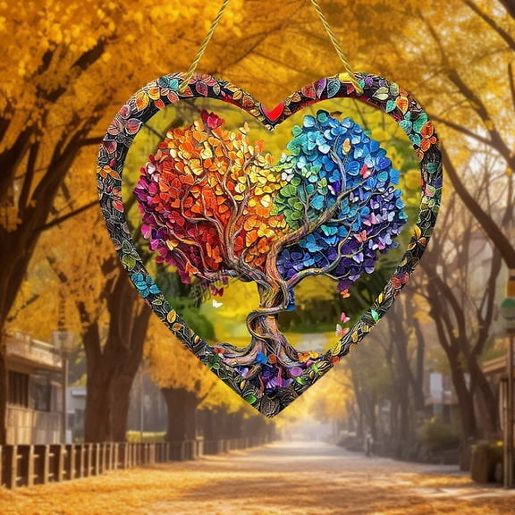 Heart-Shaped Acrylic Hanging Ornament with Colorful Love Tree of Life, Wrapped In Tree Of Life Suncatcher Heart, Rainbow Tree of Life Sun Catcher for Window, Wall Decor, Gift for Mom Women Friend