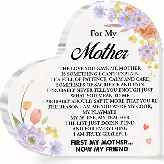 Heart Shaped Acrylic Mom Gift Plaque 3.9X3.9 Inch Transparent Durable Heartfelt Message Design Tabletop Keepsake Perfect Birthday Thanksgiving Retirement Gift For Mom Home Office Decor