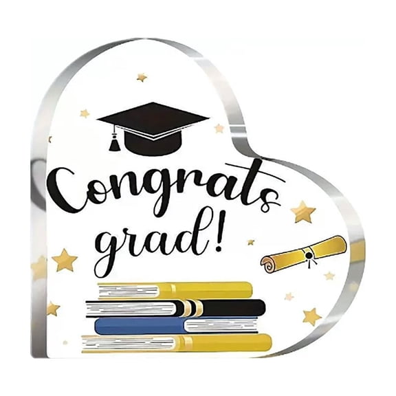 Heart Shaped Acrylic Plaque with Congrats Grad Design and Graduation Symbols for Class of 2026 Keepsake White